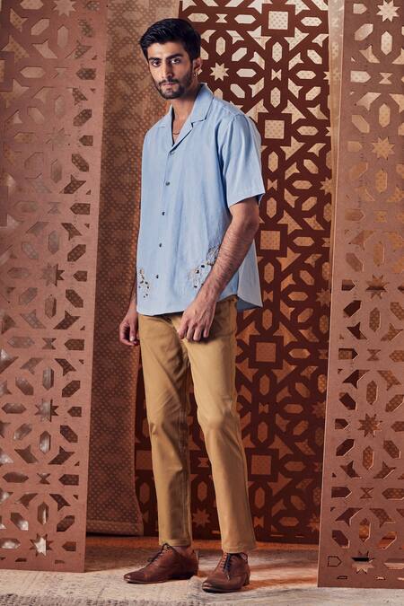 Shop Charkhee Blue Denim Stud Shirt at Aza Fashions Shop_Charkhee_Blue Denim Stud Shirt_at_Aza_Fashions