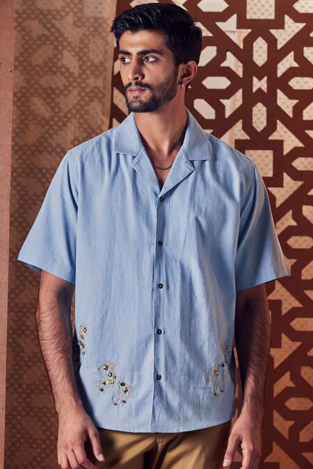 Charkhee Blue Denim Stud Shirt Online at Aza Fashions Charkhee_Blue Denim Stud Shirt_Online_at_Aza_Fashions