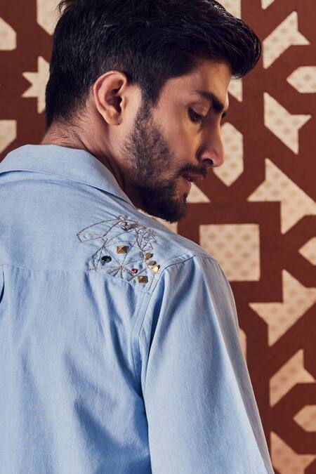 Buy Charkhee Blue Denim Stud Shirt Online at Aza Fashions Buy_Charkhee_Blue Denim Stud Shirt_Online_at_Aza_Fashions