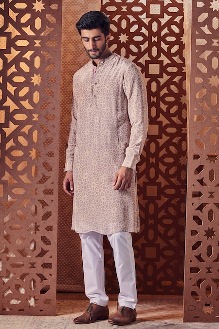 Charkhee Grey Kurta Crepe, Lining Cotton, Pant Poplin Geometric Print Set