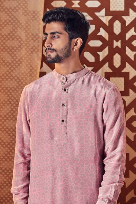 Charkhee_Pink Kurta Crepe, Lining Cotton, Pant Poplin Geometric Print Set_Online_at_Aza_Fashions