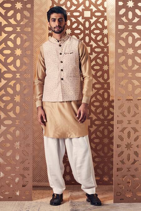 Charkhee_Grey Jacket Crepe, Kurta Chanderi, Salwar And Printed Nehru & Pathani Set_Online_at_Aza_Fashions