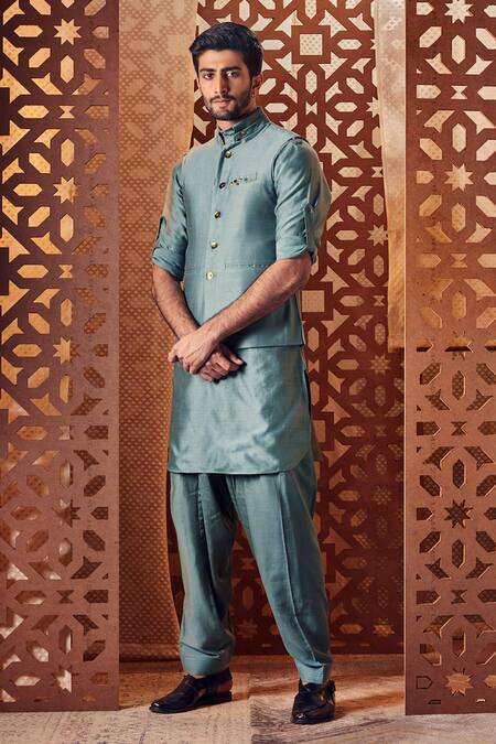 Charkhee_Green Jacket And Kurta Chanderi, Salwar & Lining Cotton Nehru & Pathani Set_Online_at_Aza_Fashions