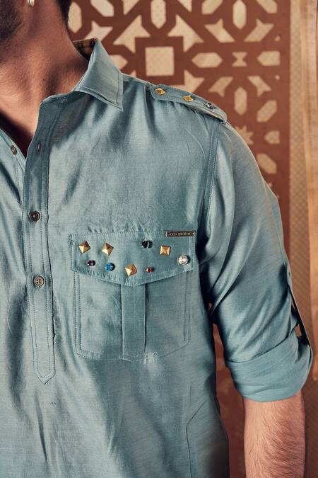 Shop_Charkhee_Green Jacket And Kurta Chanderi, Salwar & Lining Cotton Nehru & Pathani Set_Online_at_Aza_Fashions