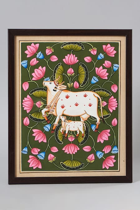 Assemblage Multi Color Unframed Hand Painting Lotus Forest Cow Pichwai