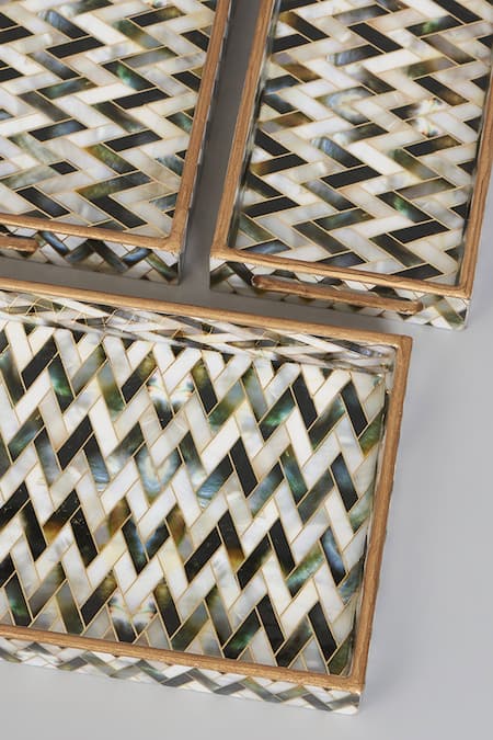 Assemblage_Grey Wood With Resin Coating Digital Print Chevron Tray Set Of 3_Online_at_Aza_Fashions