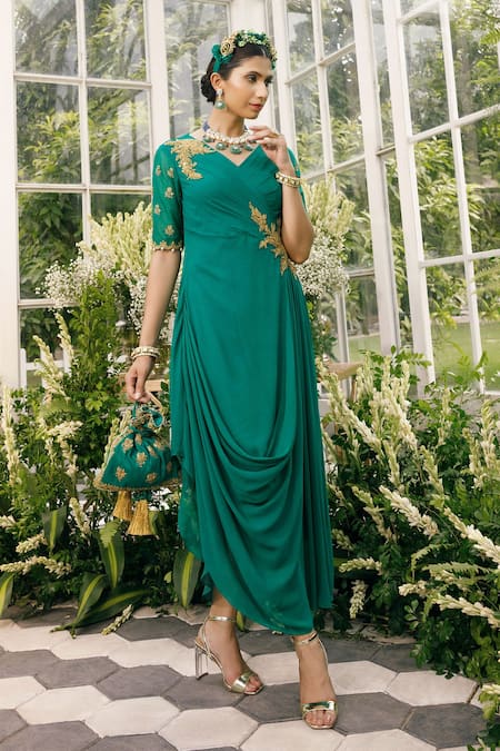 Adi By Aditya Khandelwl Green Organza, Georgette Floral, Sequin, Zari V Neck Embroidered Draped Tunic