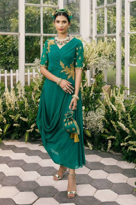 Adi By Aditya Khandelwl Green Organza, Georgette Floral, Sequin, Zari V Neck Embroidered Draped Tunic Online at Aza Fashions Adi By Aditya Khandelwl_Green Organza, Georgette Floral, Sequin, Zari V Neck Embroidered Draped Tunic _Online_at_Aza_Fashions