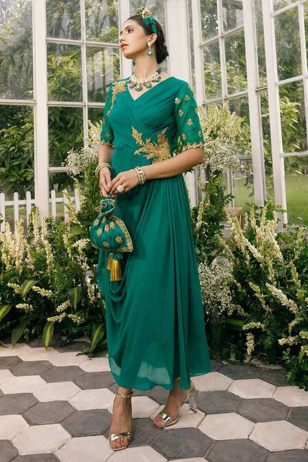 Buy Adi By Aditya Khandelwl Green Organza, Georgette Floral, Sequin, Zari V Neck Embroidered Draped Tunic Online at Aza Fashions Buy_Adi By Aditya Khandelwl_Green Organza, Georgette Floral, Sequin, Zari V Neck Embroidered Draped Tunic _Online_at_Aza_Fashions