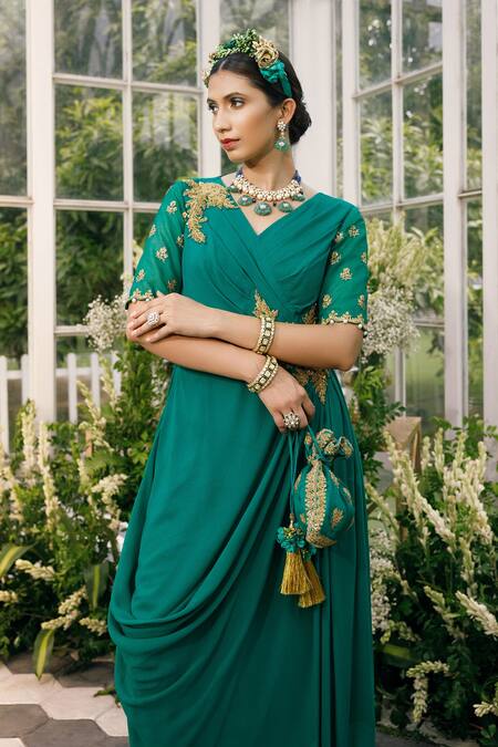 Shop Adi By Aditya Khandelwl Green Organza, Georgette Floral, Sequin, Zari V Neck Embroidered Draped Tunic Online at Aza Fashions Shop_Adi By Aditya Khandelwl_Green Organza, Georgette Floral, Sequin, Zari V Neck Embroidered Draped Tunic _Online_at_Aza_Fashions