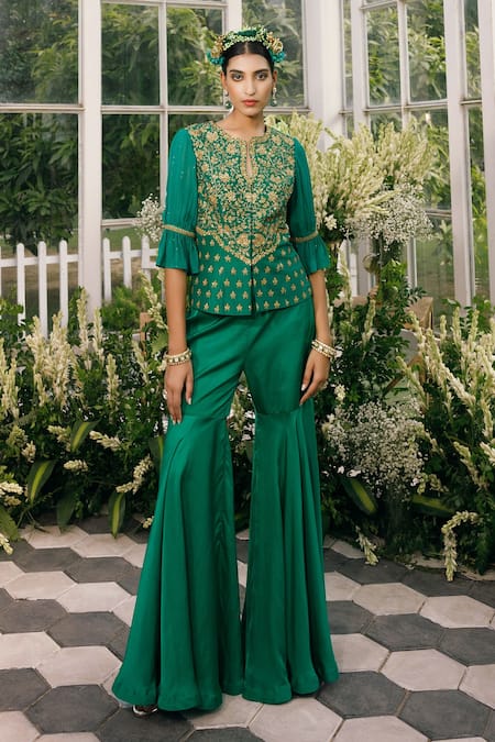 Adi By Aditya Khandelwl Green Silk, Irish Satin Dori, Floral, Sequin, Zari Embroidered Jacket And Pant Set 