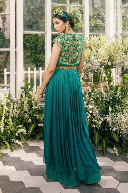 Shop Adi By Aditya Khandelwl Green Silk, Georgette Sequin, Zari V Neck Embroidered Tunic And Palazzo Set at Aza Fashions Shop_Adi By Aditya Khandelwl_Green Silk, Georgette Sequin, Zari V Neck Embroidered Tunic And Palazzo Set _at_Aza_Fashions