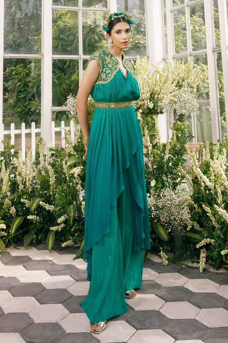 Buy Adi By Aditya Khandelwl Green Silk, Georgette Sequin, Zari V Neck Embroidered Tunic And Palazzo Set Online at Aza Fashions Buy_Adi By Aditya Khandelwl_Green Silk, Georgette Sequin, Zari V Neck Embroidered Tunic And Palazzo Set _Online_at_Aza_Fashions