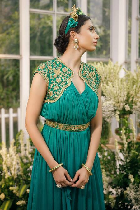 Adi By Aditya Khandelwl Green Silk, Georgette Sequin, Zari V Neck Embroidered Tunic And Palazzo Set at Aza Fashions Adi By Aditya Khandelwl_Green Silk, Georgette Sequin, Zari V Neck Embroidered Tunic And Palazzo Set _at_Aza_Fashions