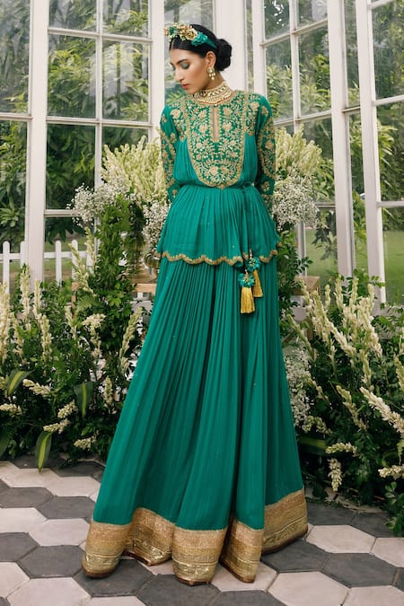 Adi By Aditya Khandelwl Green Silk, Georgette Dori, Floral, Sequin, Zari Embroidered Kurta And Sharara Set