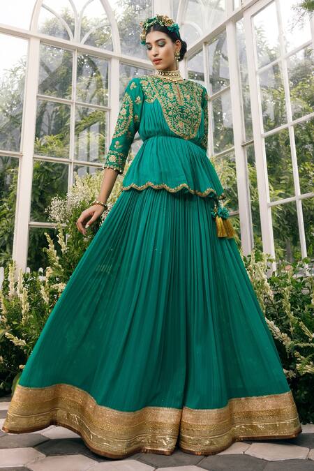 Adi By Aditya Khandelwl Green Silk, Georgette Dori, Floral, Sequin, Zari Embroidered Kurta And Sharara Set Online at Aza Fashions Adi By Aditya Khandelwl_Green Silk, Georgette Dori, Floral, Sequin, Zari Embroidered Kurta And Sharara Set _Online_at_Aza_Fashions