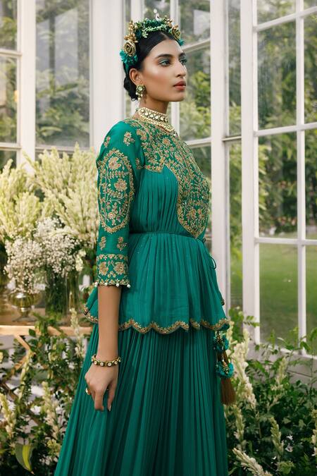 Shop Adi By Aditya Khandelwl Green Silk, Georgette Dori, Floral, Sequin, Zari Embroidered Kurta And Sharara Set Online at Aza Fashions Shop_Adi By Aditya Khandelwl_Green Silk, Georgette Dori, Floral, Sequin, Zari Embroidered Kurta And Sharara Set _Online_at_Aza_Fashions