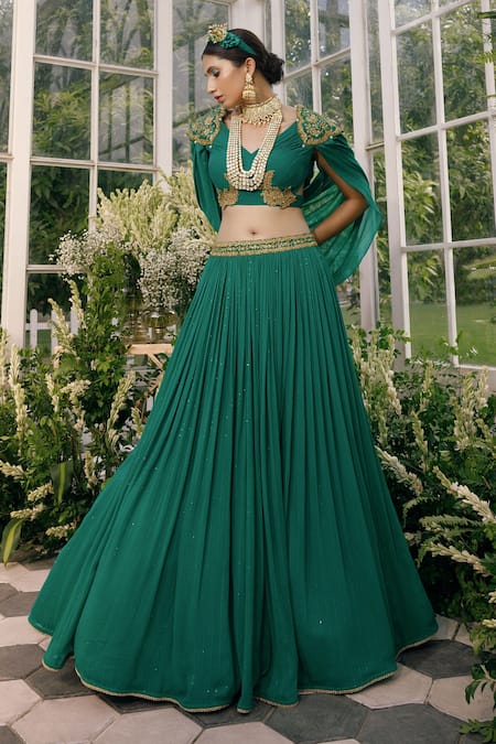 Adi By Aditya Khandelwl Green Georgette Dori, Floral, Sequin, Zari V Neck Draped Crop Top And Skirt Set Online at Aza Fashions Adi By Aditya Khandelwl_Green Georgette Dori, Floral, Sequin, Zari V Neck Draped Crop Top And Skirt Set_Online_at_Aza_Fashions