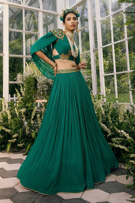 Buy Adi By Aditya Khandelwl Green Georgette Dori, Floral, Sequin, Zari V Neck Draped Crop Top And Skirt Set Online at Aza Fashions Buy_Adi By Aditya Khandelwl_Green Georgette Dori, Floral, Sequin, Zari V Neck Draped Crop Top And Skirt Set_Online_at_Aza_Fashions