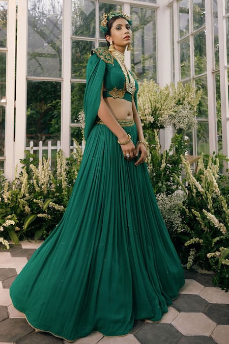 Shop Adi By Aditya Khandelwl Green Georgette Dori, Floral, Sequin, Zari V Neck Draped Crop Top And Skirt Set Online at Aza Fashions Shop_Adi By Aditya Khandelwl_Green Georgette Dori, Floral, Sequin, Zari V Neck Draped Crop Top And Skirt Set_Online_at_Aza_Fashions