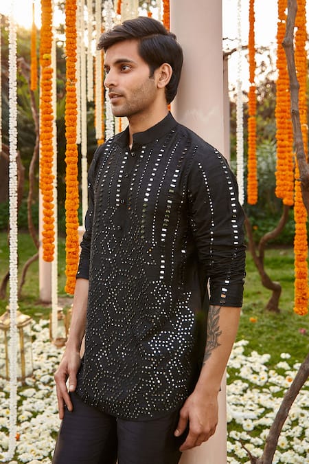 Buy_Twenty Nine_Black Raw Silk Embroidered Mirror Work Short Kurta _Online_at_Aza_Fashions