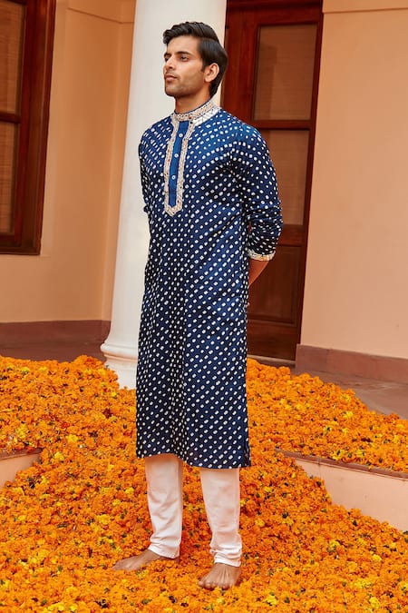 Twenty Nine_Blue Gajji Silk Bandhani Dyed Kurta _Online_at_Aza_Fashions