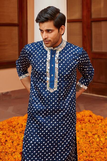 Shop_Twenty Nine_Blue Gajji Silk Bandhani Dyed Kurta _Online_at_Aza_Fashions