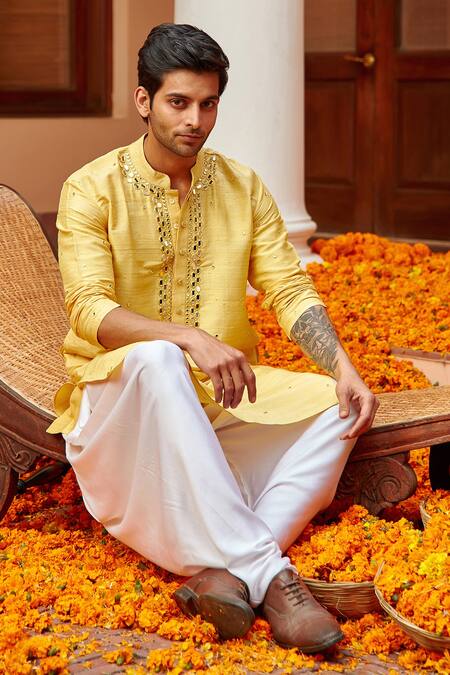 Buy Twenty Nine Yellow Raw Silk Mirror Work Kurta Online at Aza Fashions Buy_Twenty Nine_Yellow Raw Silk Mirror Work Kurta _Online_at_Aza_Fashions