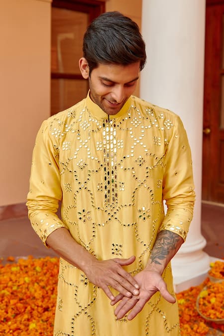 Shop_Twenty Nine_Yellow Dupion Silk Mirror Work Kurta _Online_at_Aza_Fashions