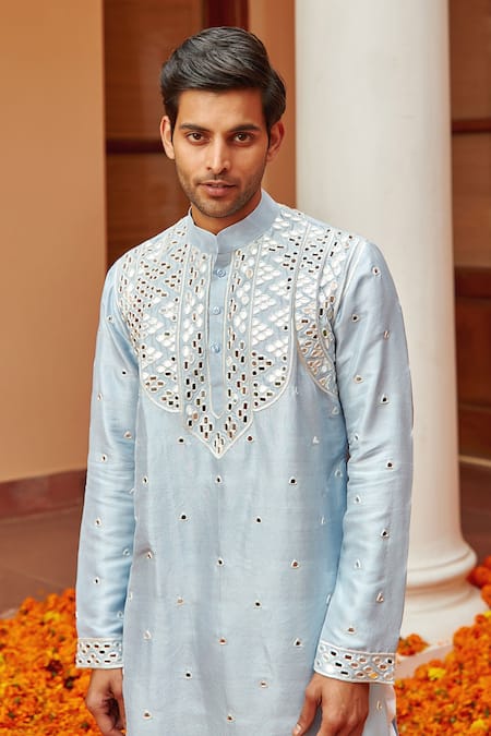 Shop_Twenty Nine_Blue Dupion Silk Mirror Work Kurta _Online_at_Aza_Fashions