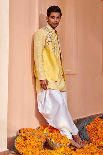 Twenty Nine_Yellow Dupion Silk Mirror Work Bundi _Online_at_Aza_Fashions