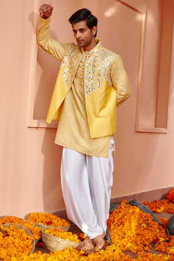 Buy_Twenty Nine_Yellow Dupion Silk Mirror Work Bundi _Online_at_Aza_Fashions