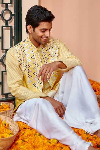 Shop_Twenty Nine_Yellow Dupion Silk Mirror Work Bundi _Online_at_Aza_Fashions