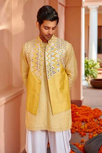 Twenty Nine_Yellow Dupion Silk Mirror Work Bundi _at_Aza_Fashions