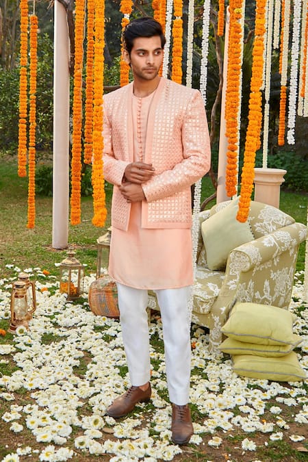 Twenty Nine Peach Georgette Embroidered Mirror Work Front Open Jacket 