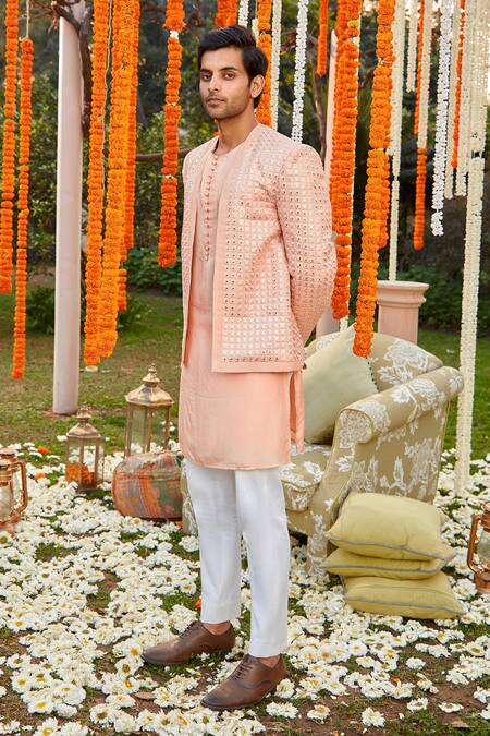Twenty Nine Peach Georgette Mirror Work Front Open Jacket Online at Aza Fashions Twenty Nine_Peach Georgette Mirror Work Front Open Jacket _Online_at_Aza_Fashions