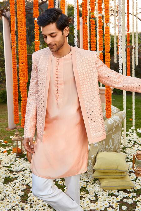 Buy Twenty Nine Peach Georgette Mirror Work Front Open Jacket Online at Aza Fashions Buy_Twenty Nine_Peach Georgette Mirror Work Front Open Jacket _Online_at_Aza_Fashions
