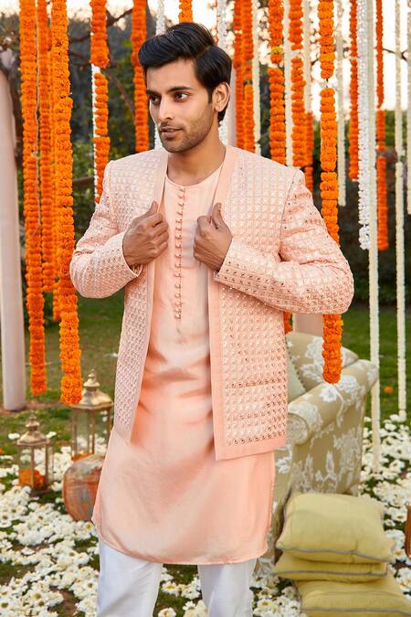 Shop Twenty Nine Peach Georgette Mirror Work Front Open Jacket Online at Aza Fashions Shop_Twenty Nine_Peach Georgette Mirror Work Front Open Jacket _Online_at_Aza_Fashions