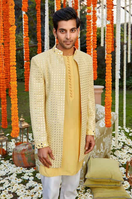 Buy_Twenty Nine_Yellow Georgette Mirror Work Front Open Jacket _Online_at_Aza_Fashions