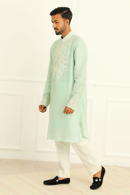 Twenty Nine_Green Dupion Silk Mirror Work Short Kurta _Online_at_Aza_Fashions