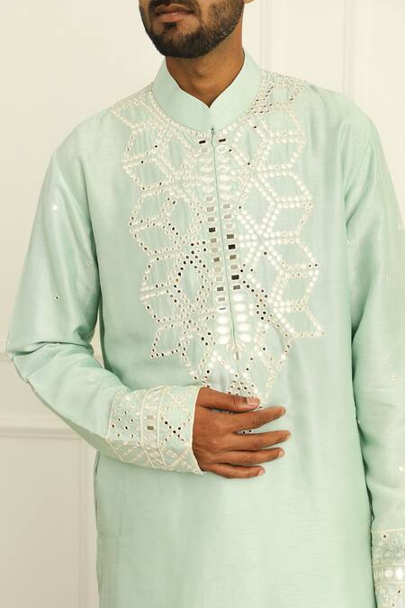 Buy_Twenty Nine_Green Dupion Silk Mirror Work Short Kurta _Online_at_Aza_Fashions