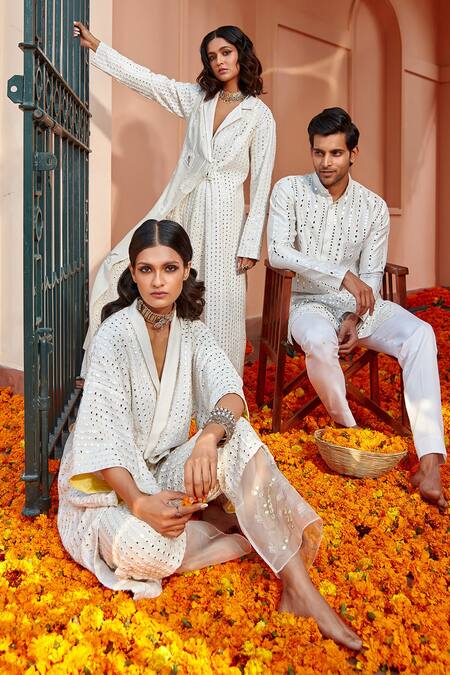 Shop_Twenty Nine_White Raw Silk Mirror Work Short Kurta _Online_at_Aza_Fashions