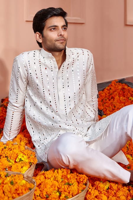 Twenty Nine_White Raw Silk Mirror Work Short Kurta _at_Aza_Fashions