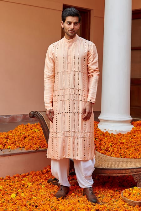 Gulmohar cowl drape straight kurta paired with dhoti pants- Spicy Oran