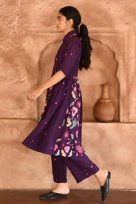 Taro_Purple Chanderi Silk, Slip Cotton Floral Print Mulberry Anarkali And Pant Set _Online_at_Aza_Fashions
