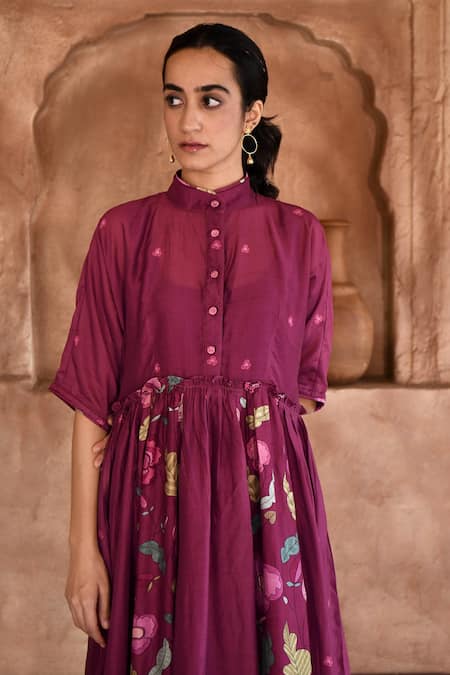 Shop_Taro_Wine Chanderi Silk, Slip Cotton Floral Print Mahagony Anarkali And Pant Set _Online_at_Aza_Fashions