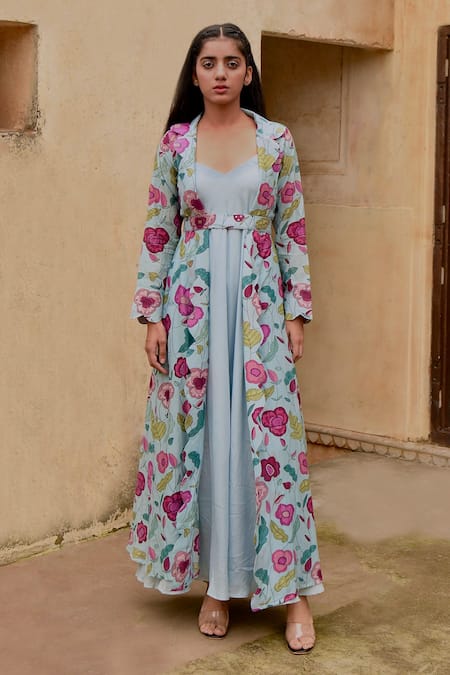 Taro_Blue Jacket Chanderi , Kurta Bamberg Floral Cloudy Bloom And Set _Online_at_Aza_Fashions