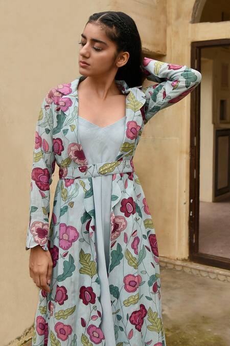 Buy_Taro_Blue Jacket Chanderi , Kurta Bamberg Floral Cloudy Bloom And Set _Online_at_Aza_Fashions