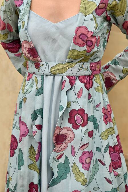 Shop_Taro_Blue Jacket Chanderi , Kurta Bamberg Floral Cloudy Bloom And Set _Online_at_Aza_Fashions