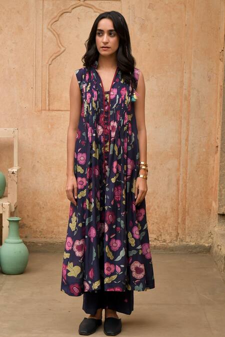 Buy_Taro_Blue Chanderi Silk Floral Print Chinese Collar Carnation Anarkali And Pant Set _Online_at_Aza_Fashions